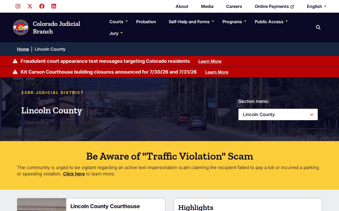 Lincoln County court records landing page from the Colorado Judicial Branch
