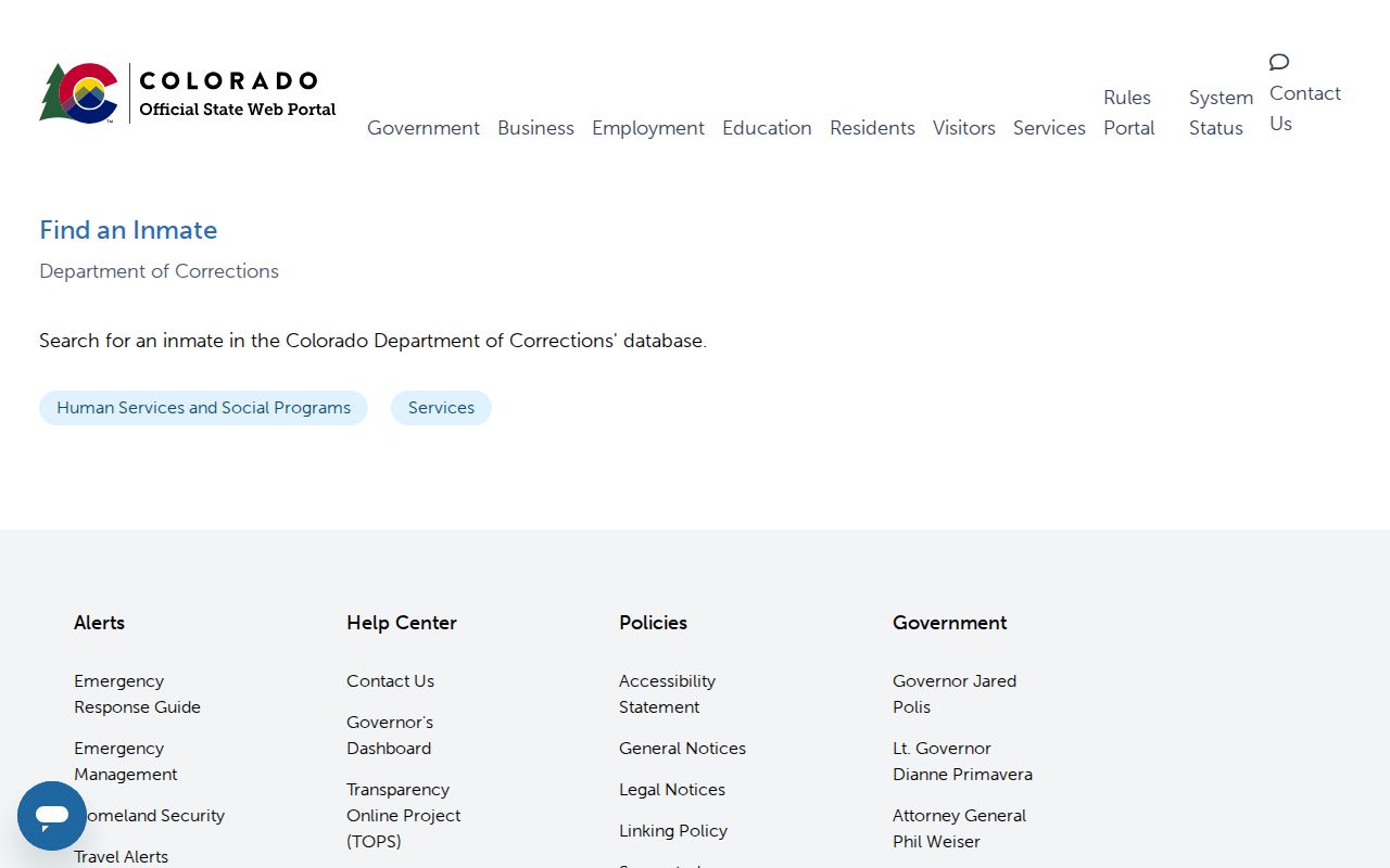 Colorado locate inmate service page