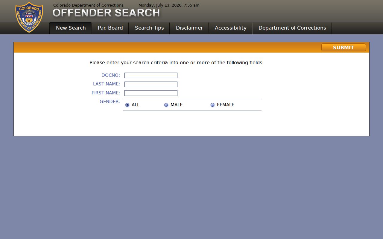 Colorado DOC offender search page
