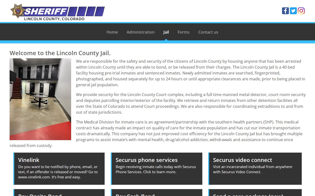 Lincoln County Jail page with jail services and custody links