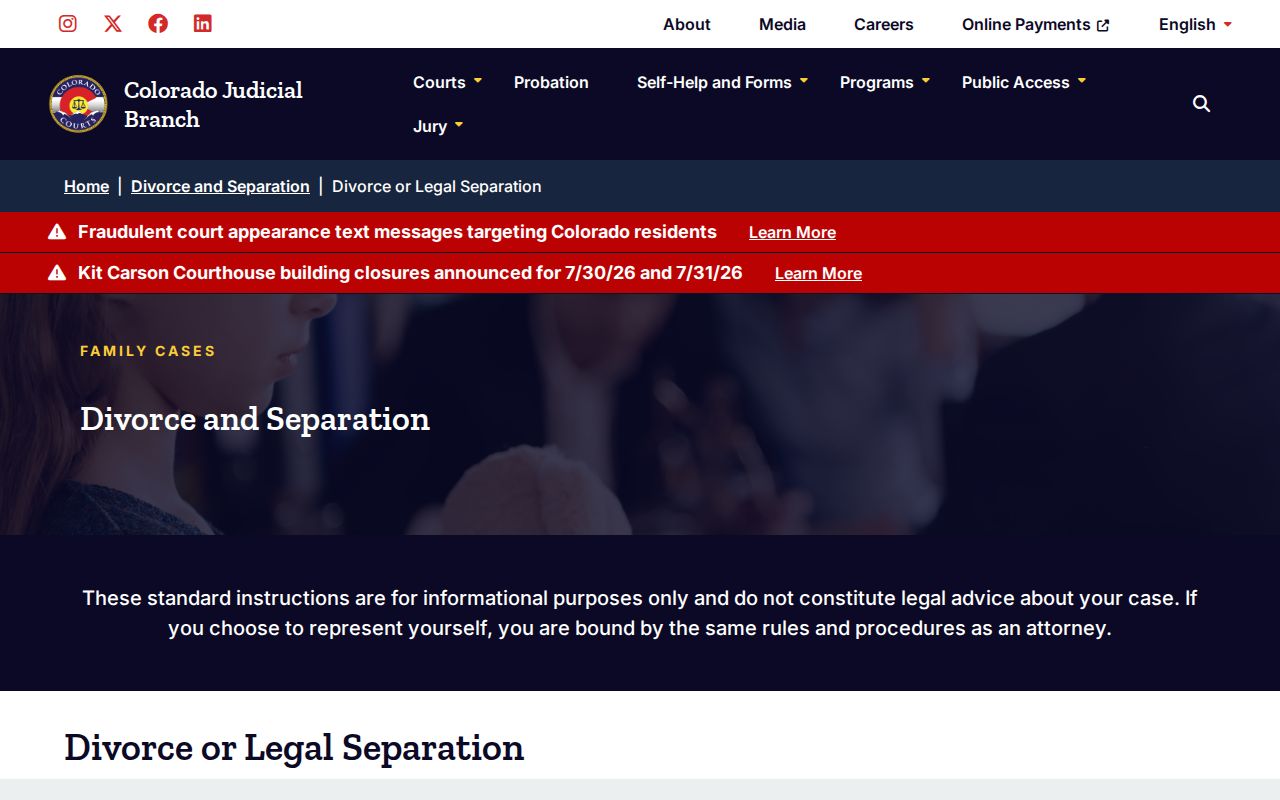 Colorado divorce or legal separation filing process page