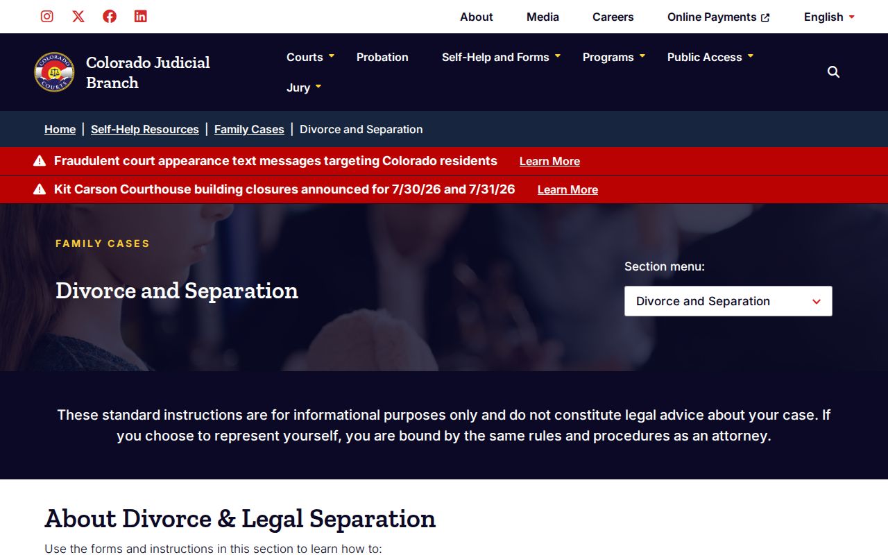Colorado Judicial Branch divorce and separation self-help page