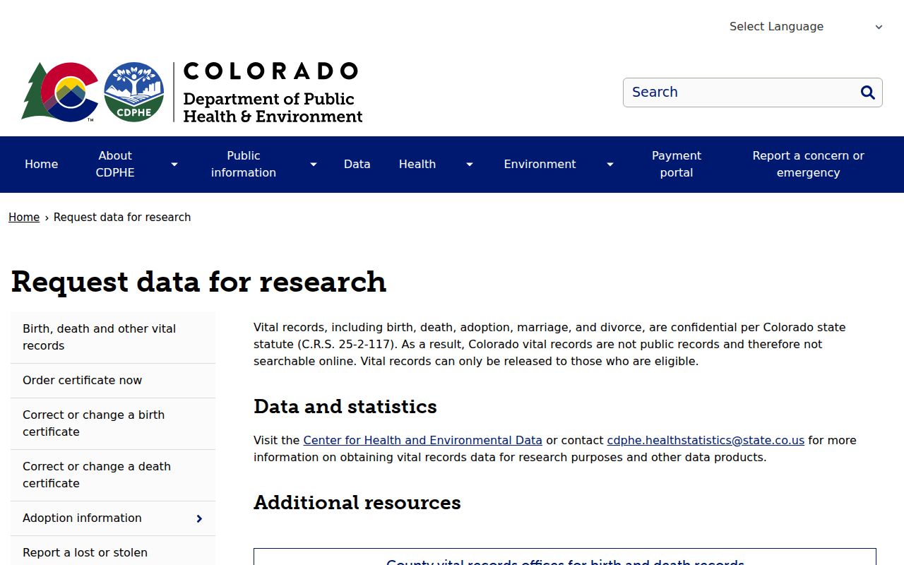 CDPHE vital records research data confidentiality page