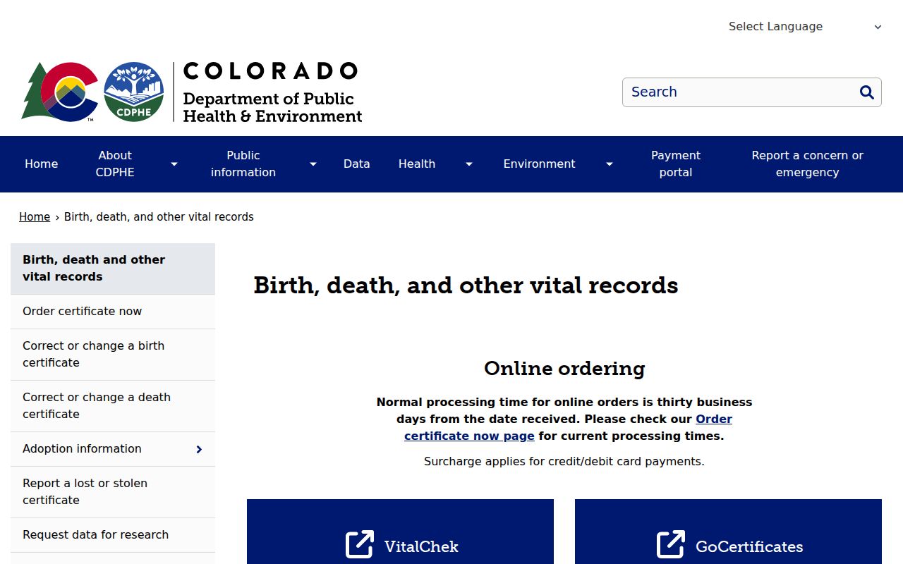 Colorado vital records page with marriage and divorce guidance