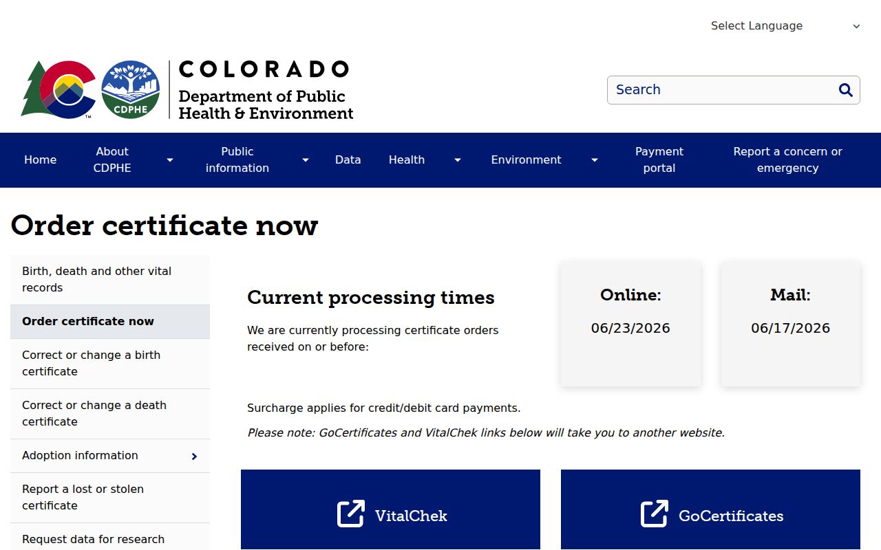 CDPHE order certificate page for vital records