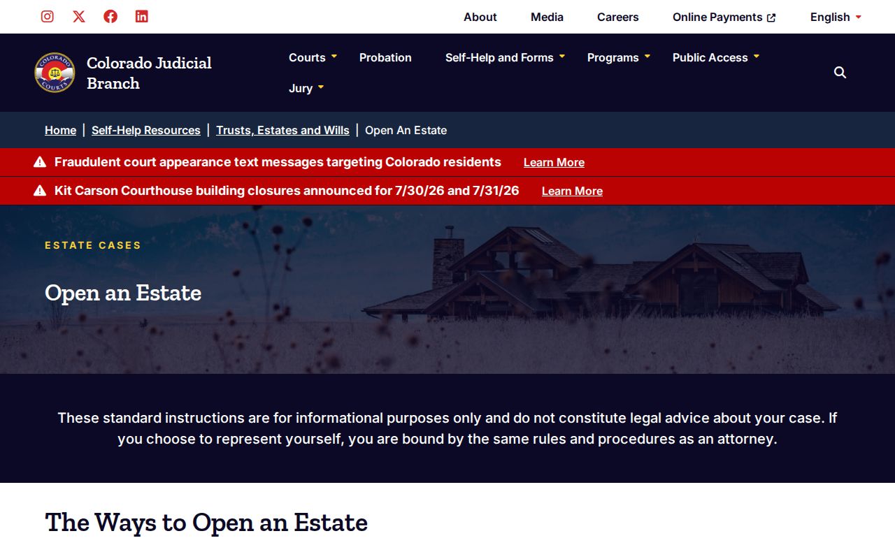 Colorado Judicial Branch open an estate self-help page