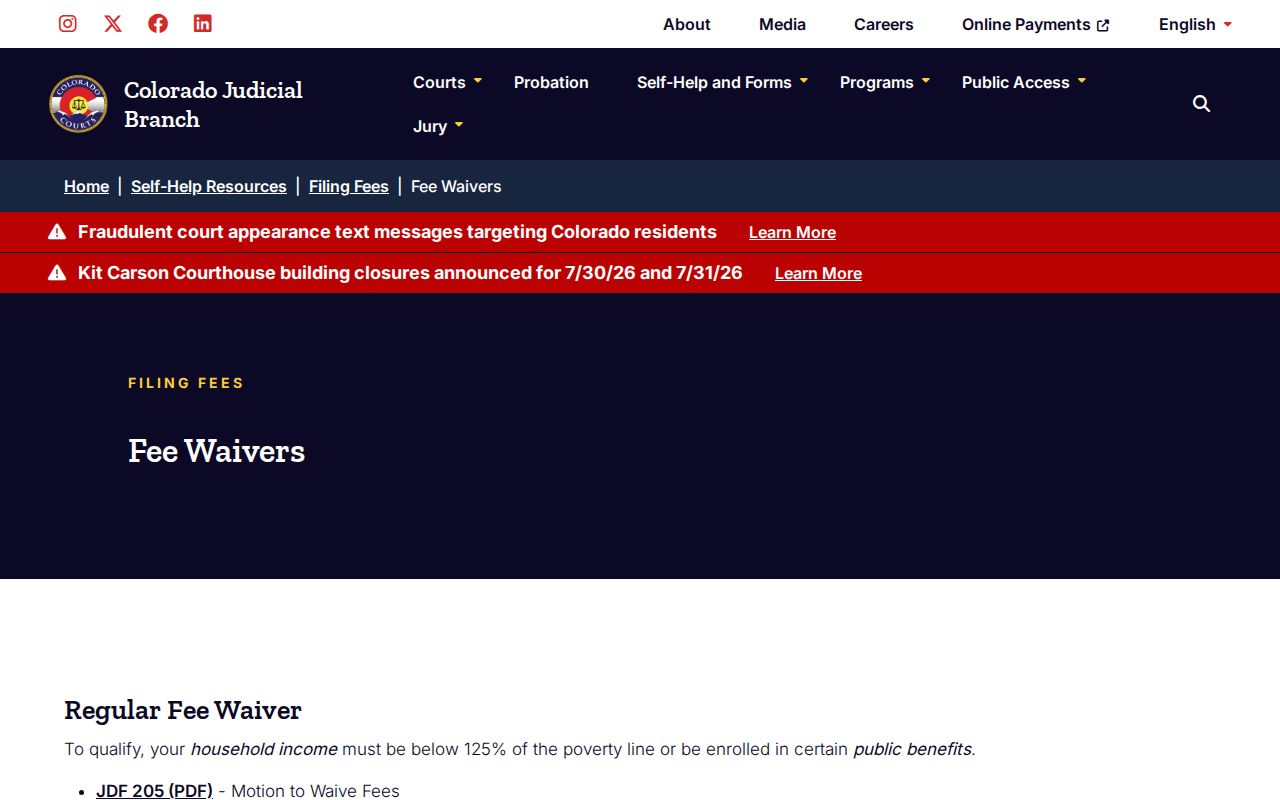 Colorado Judicial Branch fee waiver page