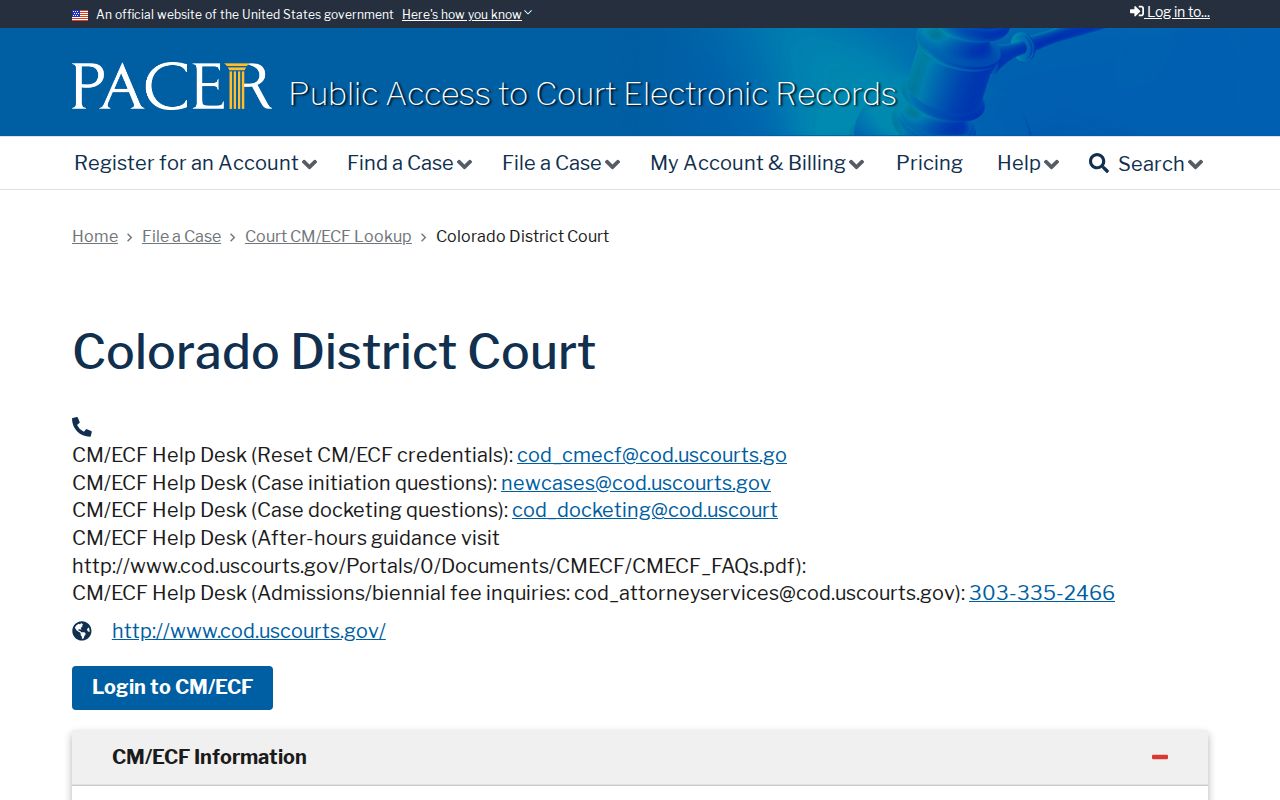 PACER District of Colorado court lookup page