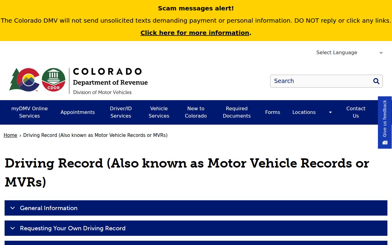 Colorado DMV motor vehicle record page