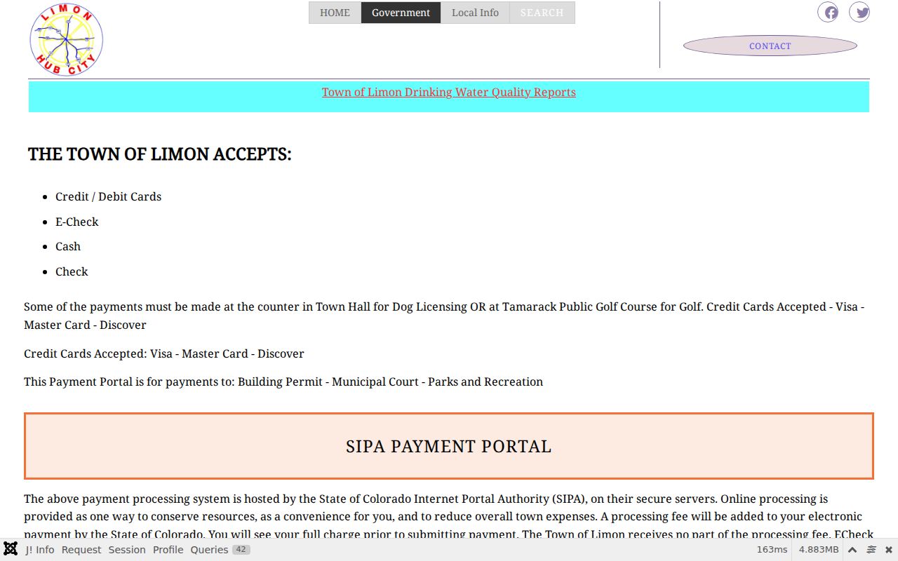 Town of Limon payments page showing municipal payment categories