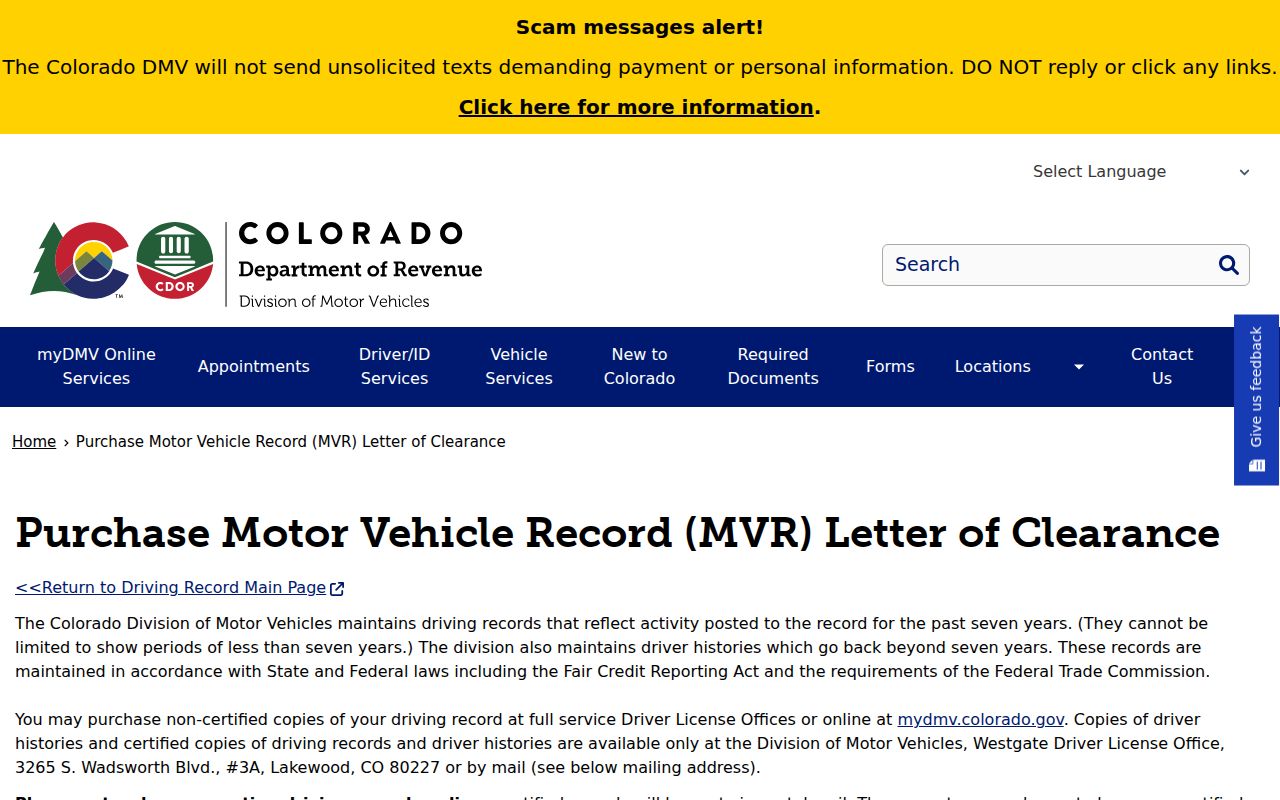 Colorado DMV purchase motor vehicle record and letter clearance page